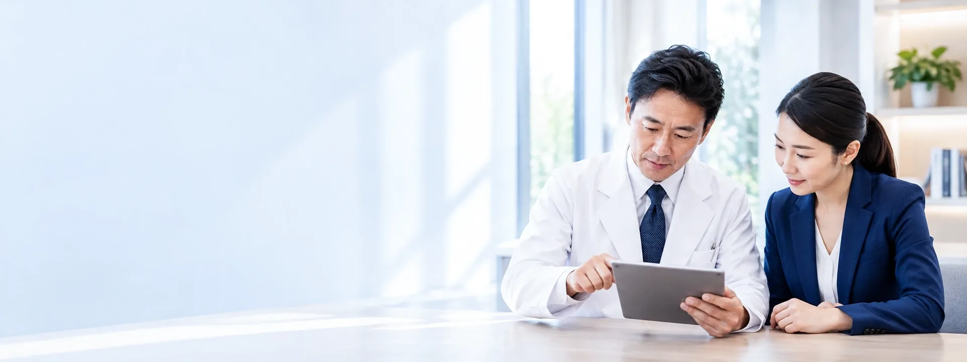 A Chinese doctor and care coordinator reviewing care information together