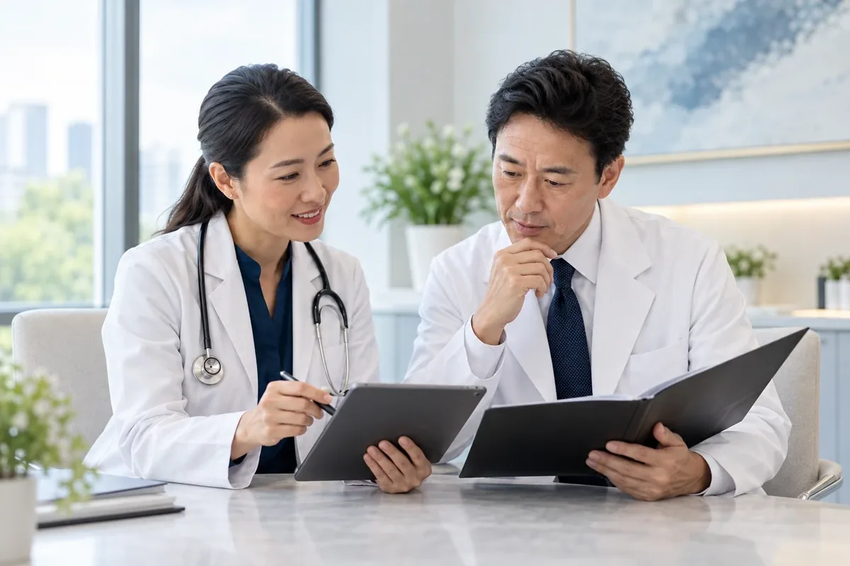 Two doctors reviewing medical records together